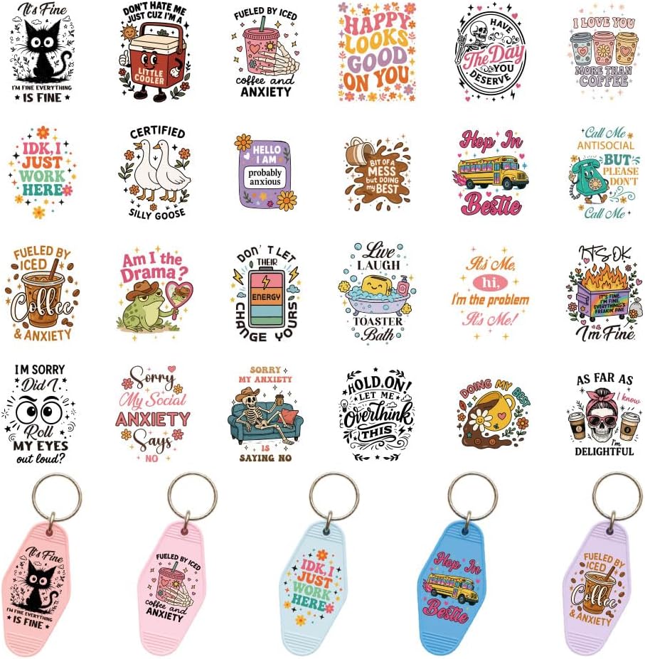 120 Pcs 24 Styles Funny Motel Keychain Stickers, Funny Theme UV DTF Transfer Stickers Waterproof Transfer Sticker Decal Rub on Transfers for Acrylic Hotel Keychain Card