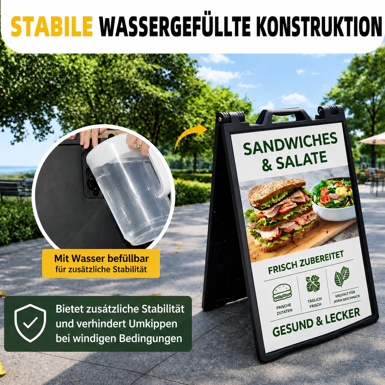 Outdoor A-Frame Kundenstopper, doppelseitiger Werbeaufsteller, ca. 104 × 65,5 × 6 cm, wasserbefüllbar, wetterfestes Gehweg-Sandwichboard für Außen- und Innenwerbung