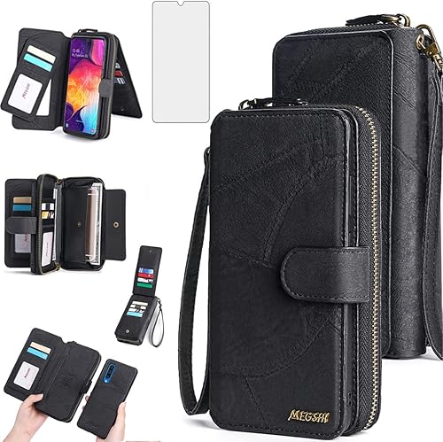 Asuwish Funda de teléfono para Samsung Galaxy A50 A50S A30S con cremallera, funda desmontable con protector de pantalla y soporte de tarjeta de