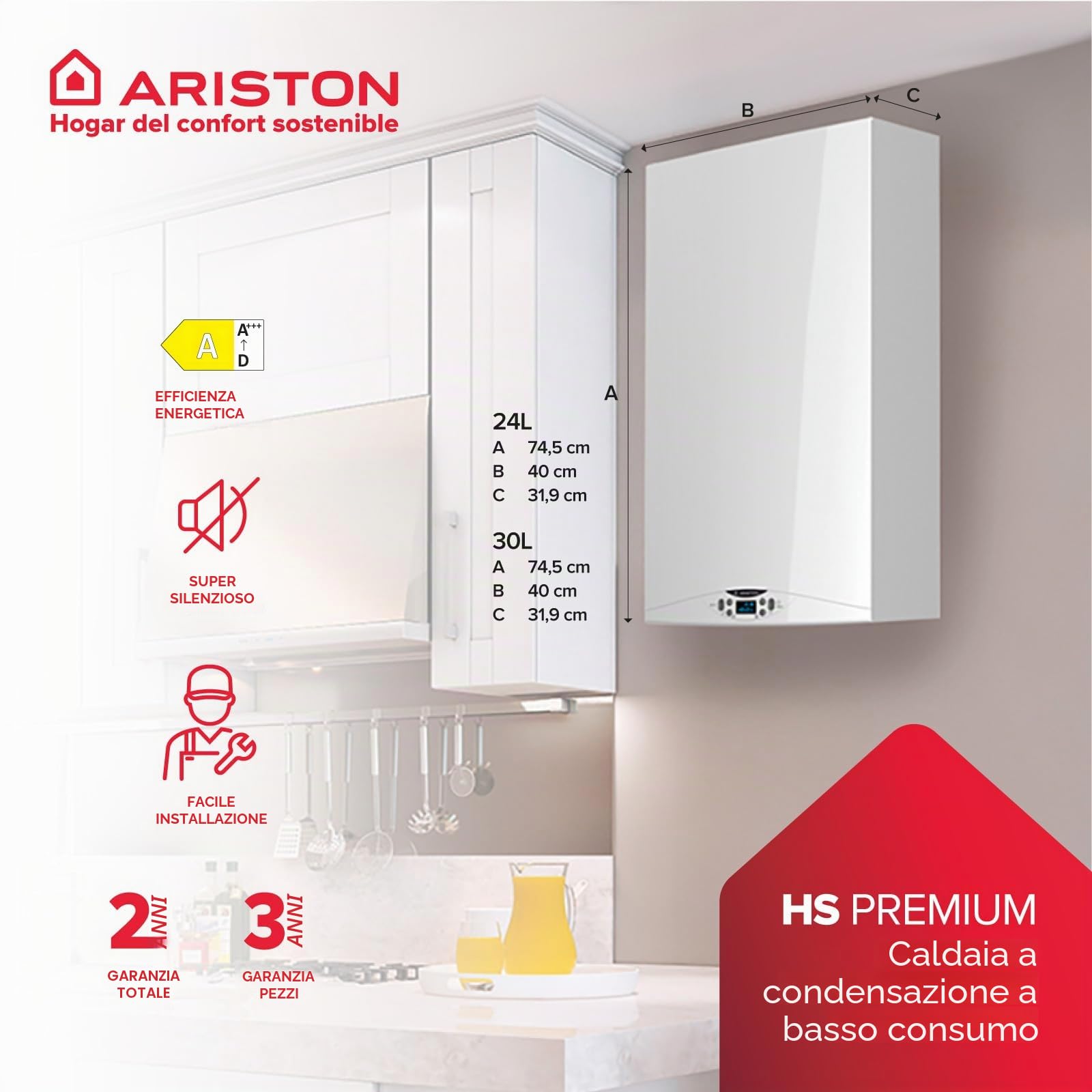 Ariston HS Premium - Caldaia a gas naturale e propano 30 kw con dimensioni ridotte 31,9 x 40 x 74,5 cm, efficiente e silenziosa, caldaia a condensazione prodotta per installazione in Spagna (classe