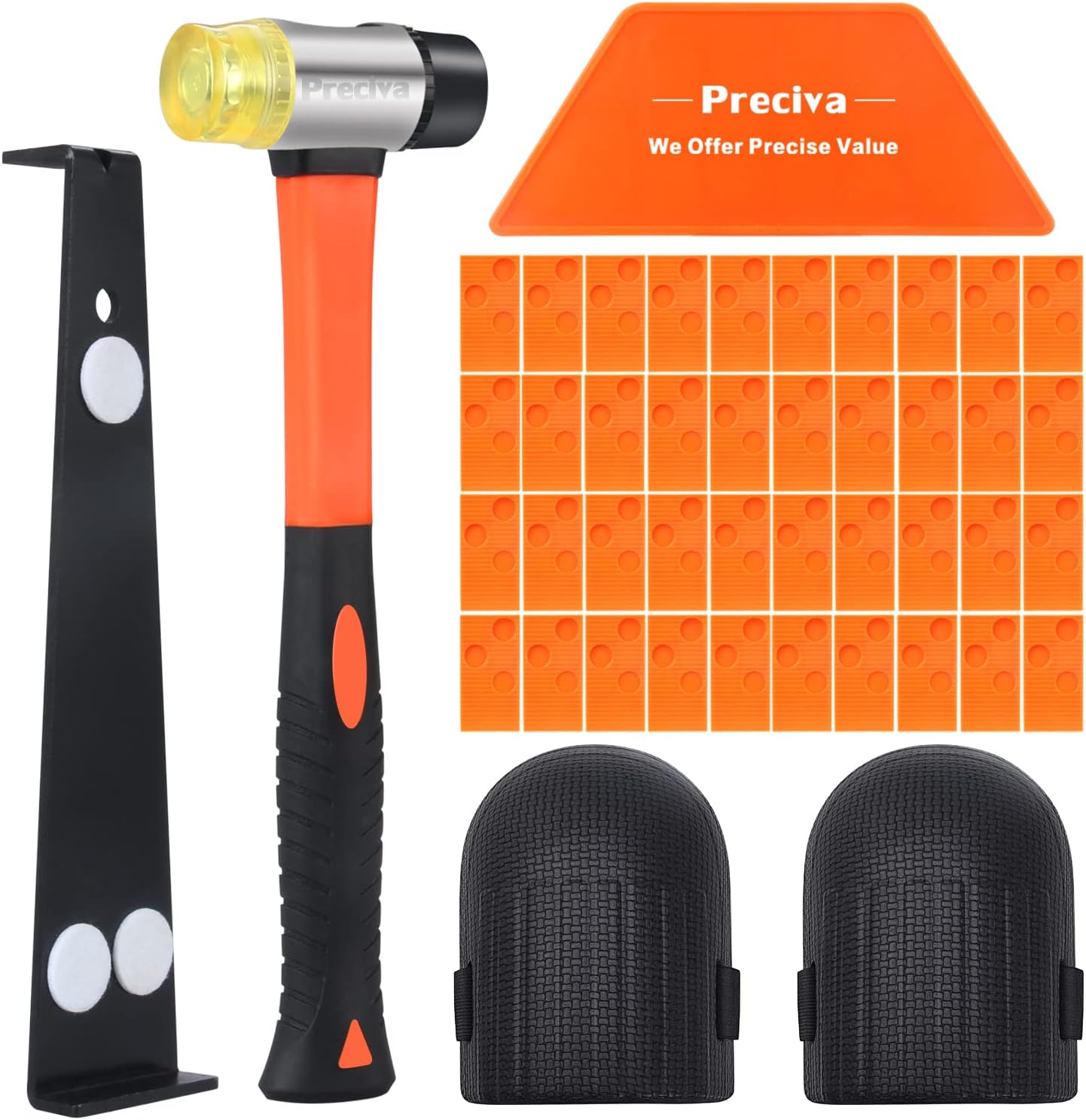 Preciva Laminate Wood Flooring Installation Tool Kit with 40PCS Wedge Spacers, Solid Durable Tapping Block, Long and Wider Pull Bar, Reinforced Double-Faced Hammer