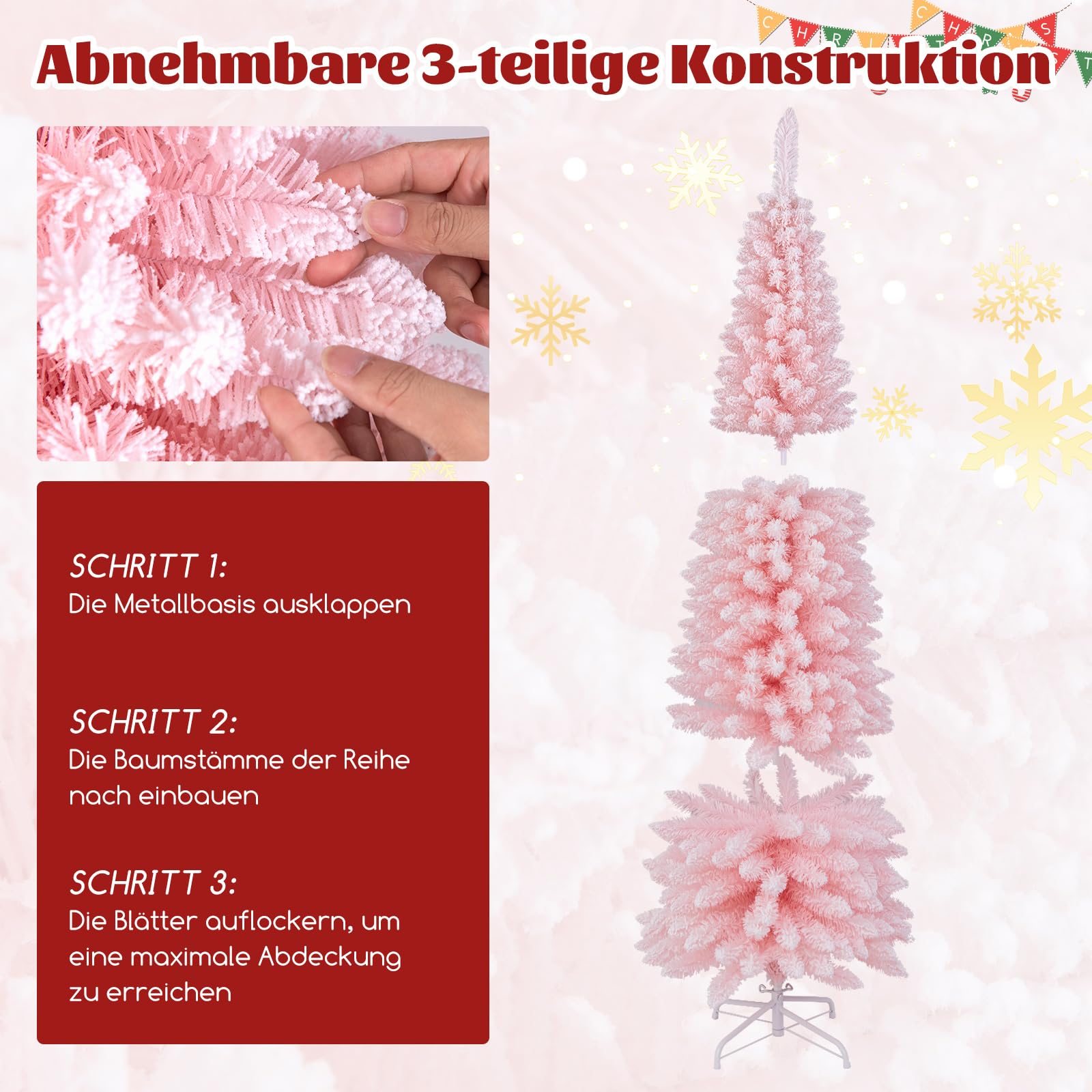 COSTWAY künstlicher Weihnachtsbaum Bleistift, 180 cm Tannenbaum mit Schnee, Christbaum mit 460 Zweigspitzen & klappbarem Metallständer, schlanker Kunstbaum Weihnachten für Zuhause, Büro (Rosa)