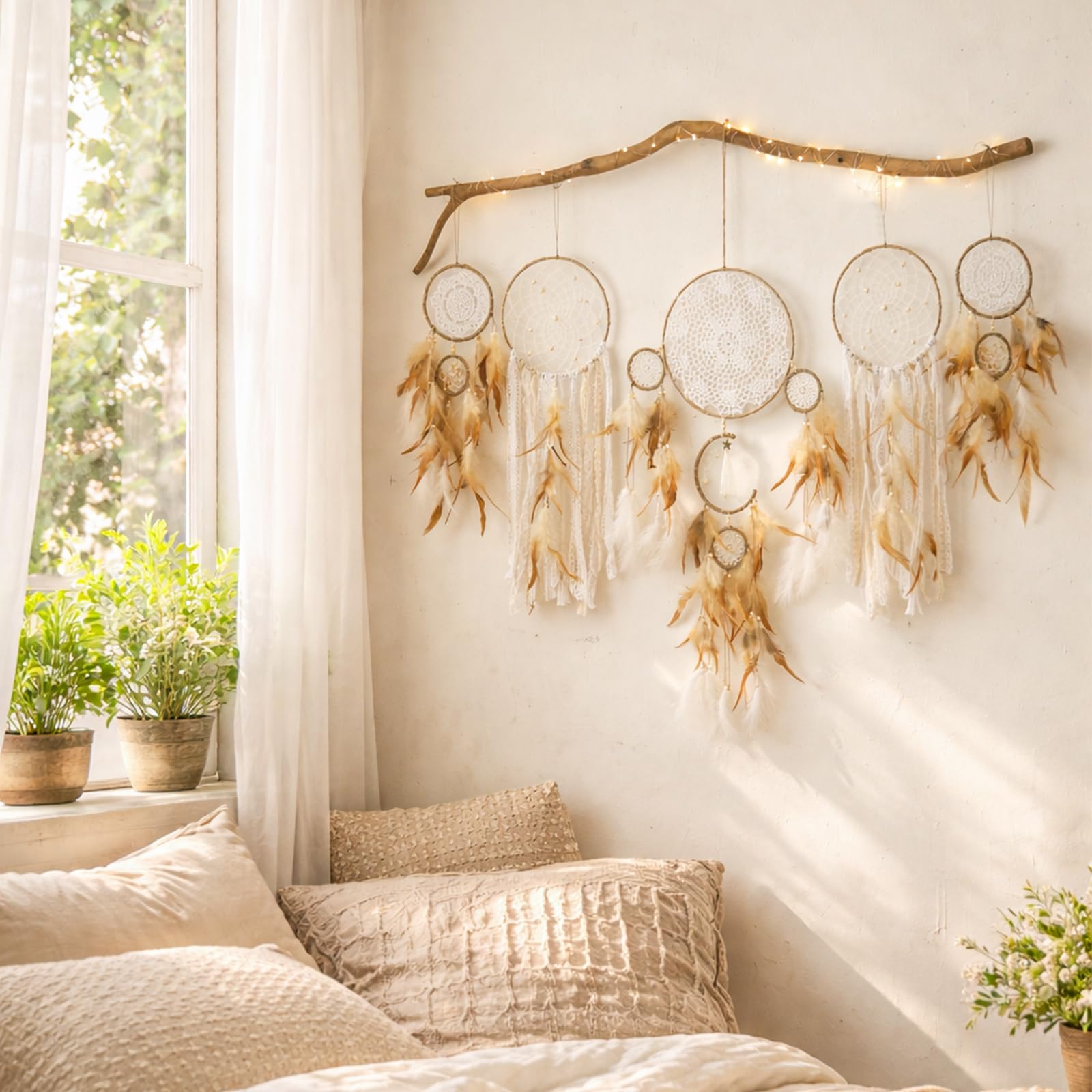 Traumfänger-Wanddekoration – handgefertigte Feder-Traumfänger, 78,7 cm, groß, Boho-Makramee, Wandbehang für Schlafzimmer, Erwachsene, Mond, Wandkunst, Indianer-Dekor für Frauen, Teenager, Mädchen, 5
