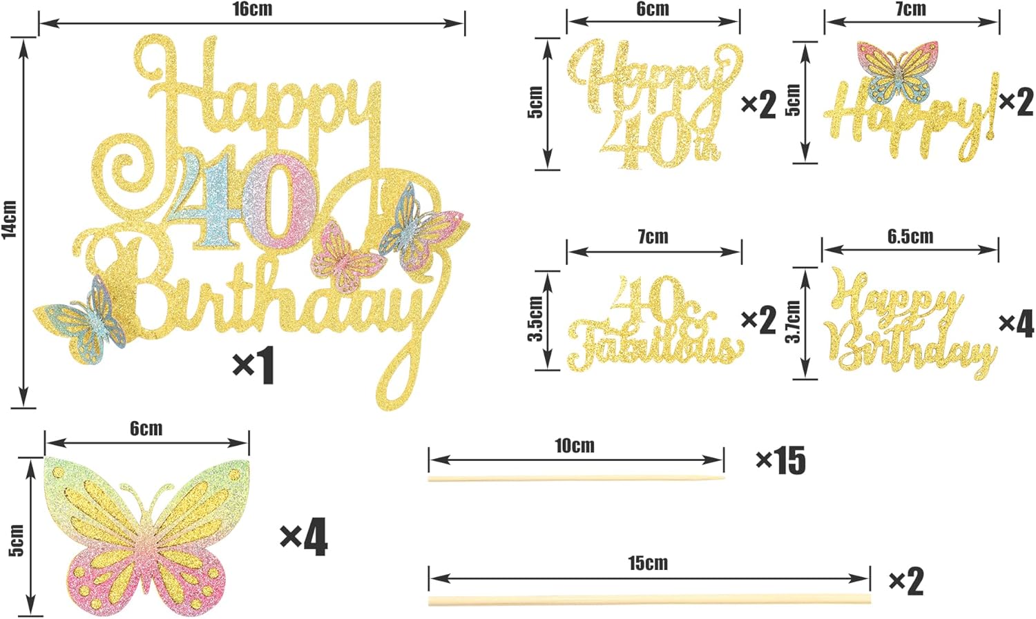 40th Happy Birthday Cake Toppers Gold Glitter 40th Birthday Decorations for Women 15 Pcs 3D Butterfly Cupcake Toppers 40th Birthday Anniversary Party Decorations Supplies