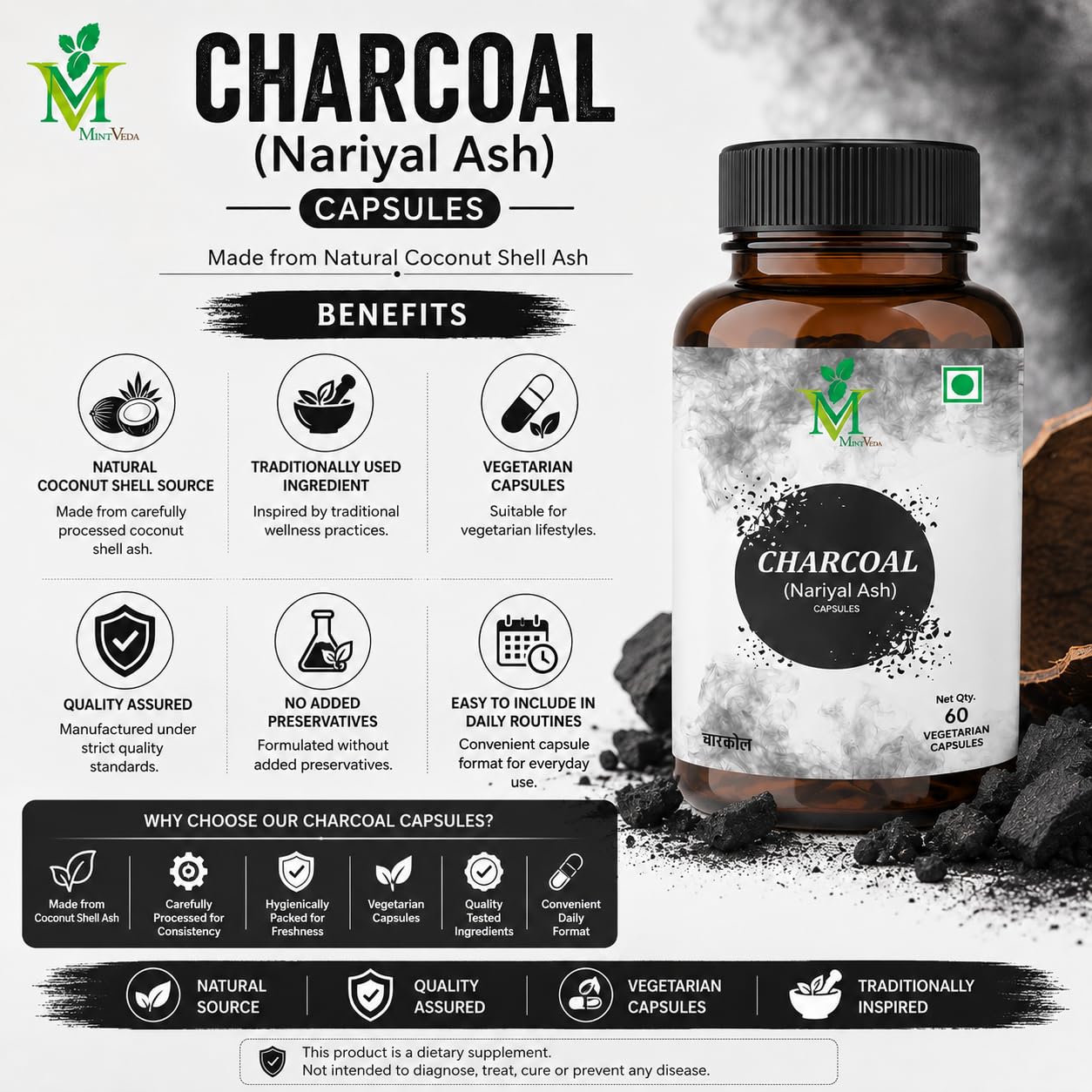 Mint Veda Charcoal Veg Capsules Detox, Bloating Relief, and Teeth Whitening, Gluten-Free, High Absorbency Formula for Men and Women, 60 Veg Capsules 2