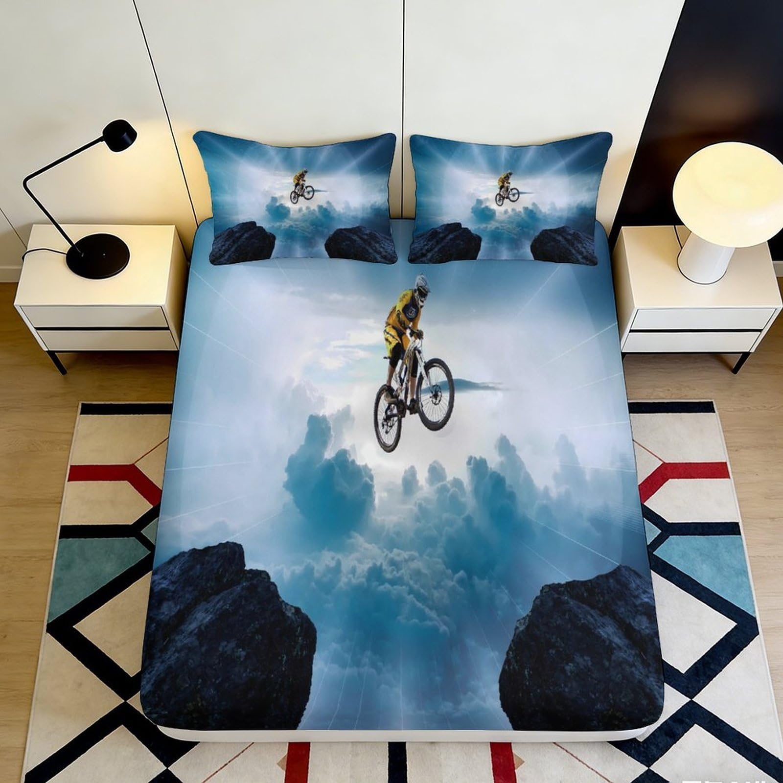 3D Printed Extreme Mountain Biker Fitted Sheet Microfiber Soft Durable Sky Clouds Bed Cover for Bedroom Dormitory Guest Room Mattress Protection 140x200x25cm