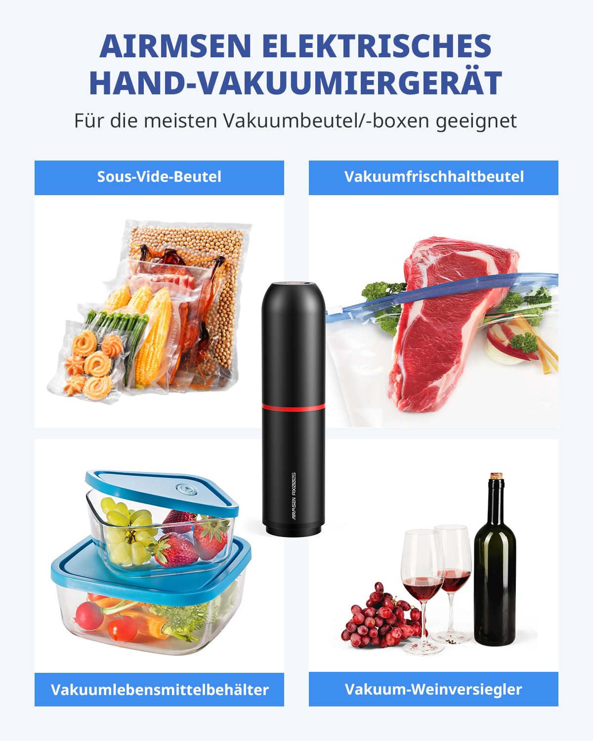 AIRMSEN Vakuumiergerät Klein, Handvakuumierer mit 40 kPa Saugkraft, inklusive 1 Vakuum-Konservierungsglasbox & 11 Vakuumbeutel & 2 Weinverschlüsse, ideal für Zuhause, Reisen, Camping