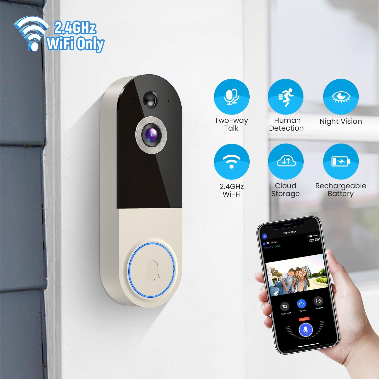 Wireless Video Doorbell Camera, AI Human Detection, 2-Way Talk, Night Vision, Cloud Storage, 2.4G WiFi, Battery Powered, Indoor Outdoor Surveillance (Linen - No Chime Included)