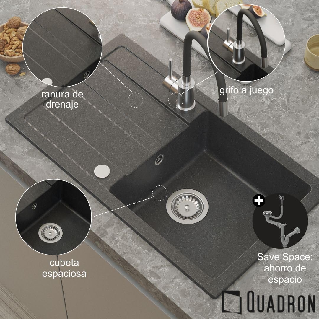 QUADRON Fregadero de granito READY-MAX de granito, 77 x 44 x 17,5 cm, gris, juego de fregadero, grifo de cocina, sifón y dispensador de jabón