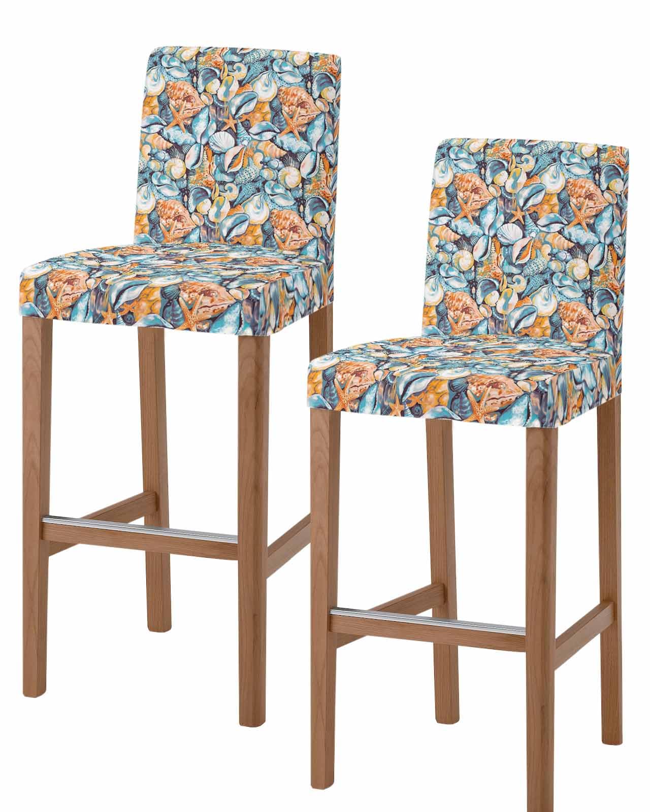 Wowouhiya Orange Blue Coastal Bar Stool Covers - Stretch Dining Chair Covers Set of 2, Summer Ocean Shell Conch Retro Bar Chair Cover Removable Counter Stool Pub Chairs Slipcovers Protectors