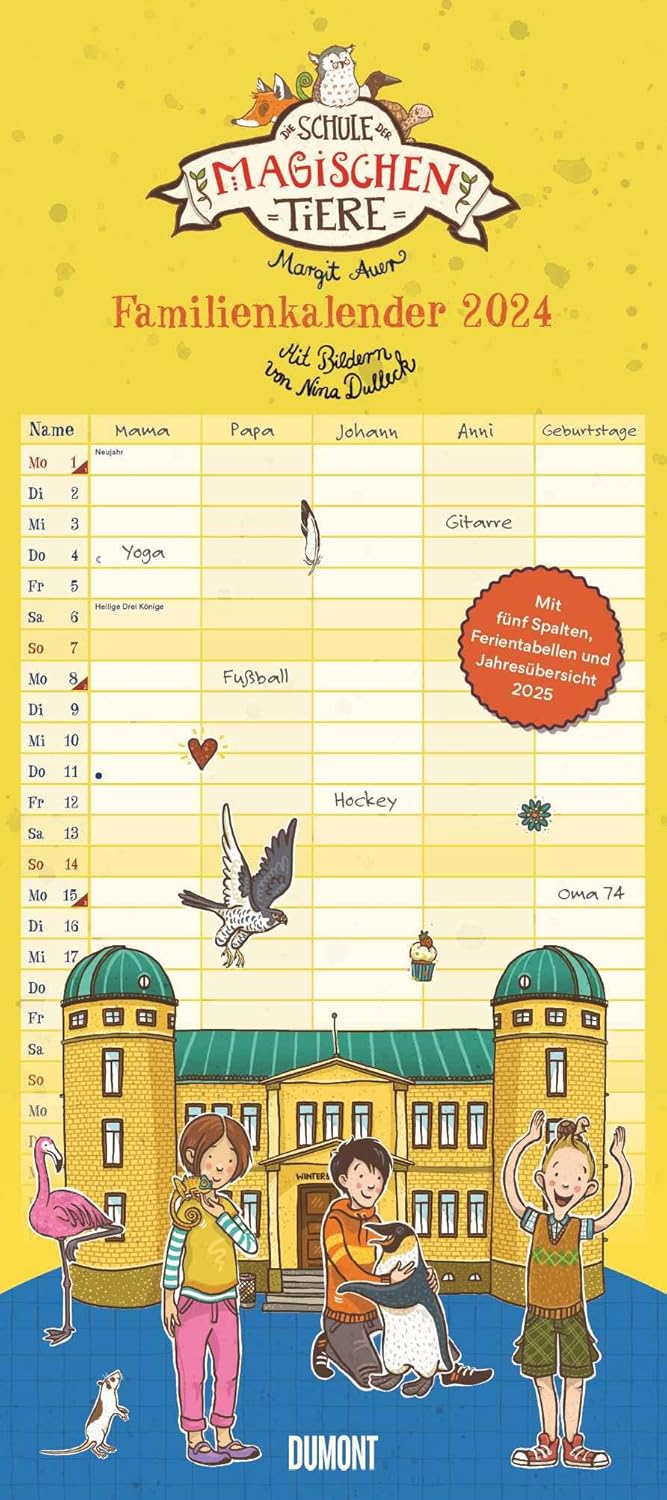School of Magic Animals Family Calendar 2024 - Wall Calendar - Family Planner with 5 Columns - Format 22 x 49.5 cm