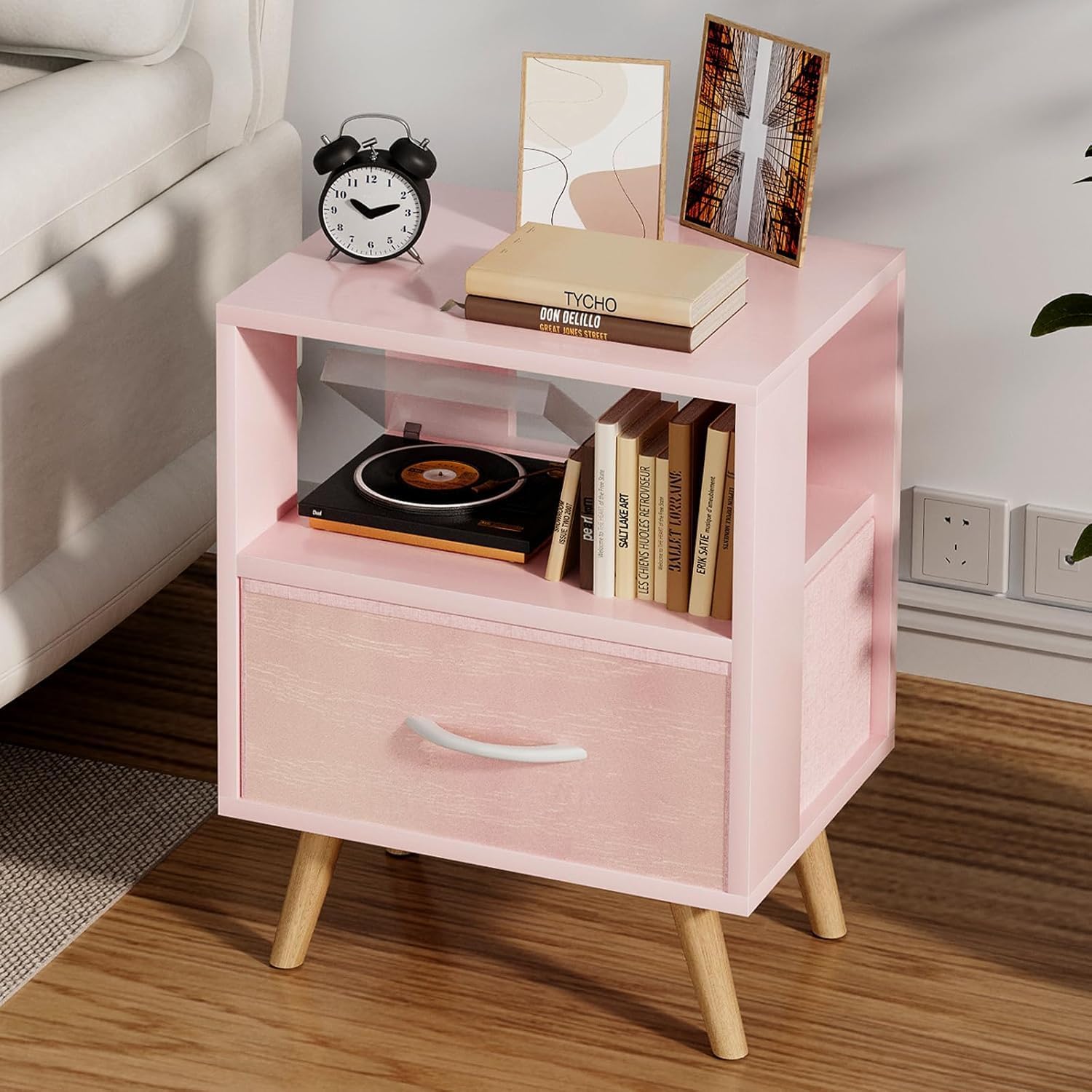 Night Stand, Pink Kids Nightstand with Drawer, Nursery Side Table with Open  Storage, 2-Tier Modern End Table, Bedsi