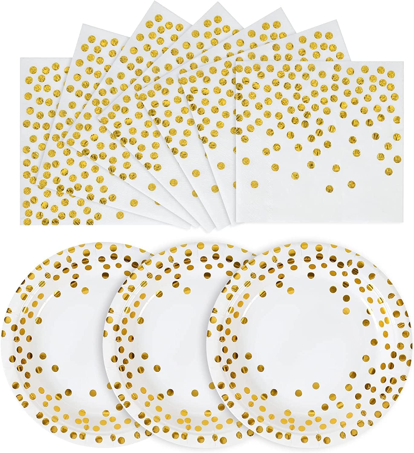 White and Gold Plates and Napkins -100 x 9inch Paper Plates & 100 x 6.5inch Napkins,White Paper Plate for Cake,Dessert,Great for Weddings,Birthdays,Bridal Parties,All Occasions(200 PCS)