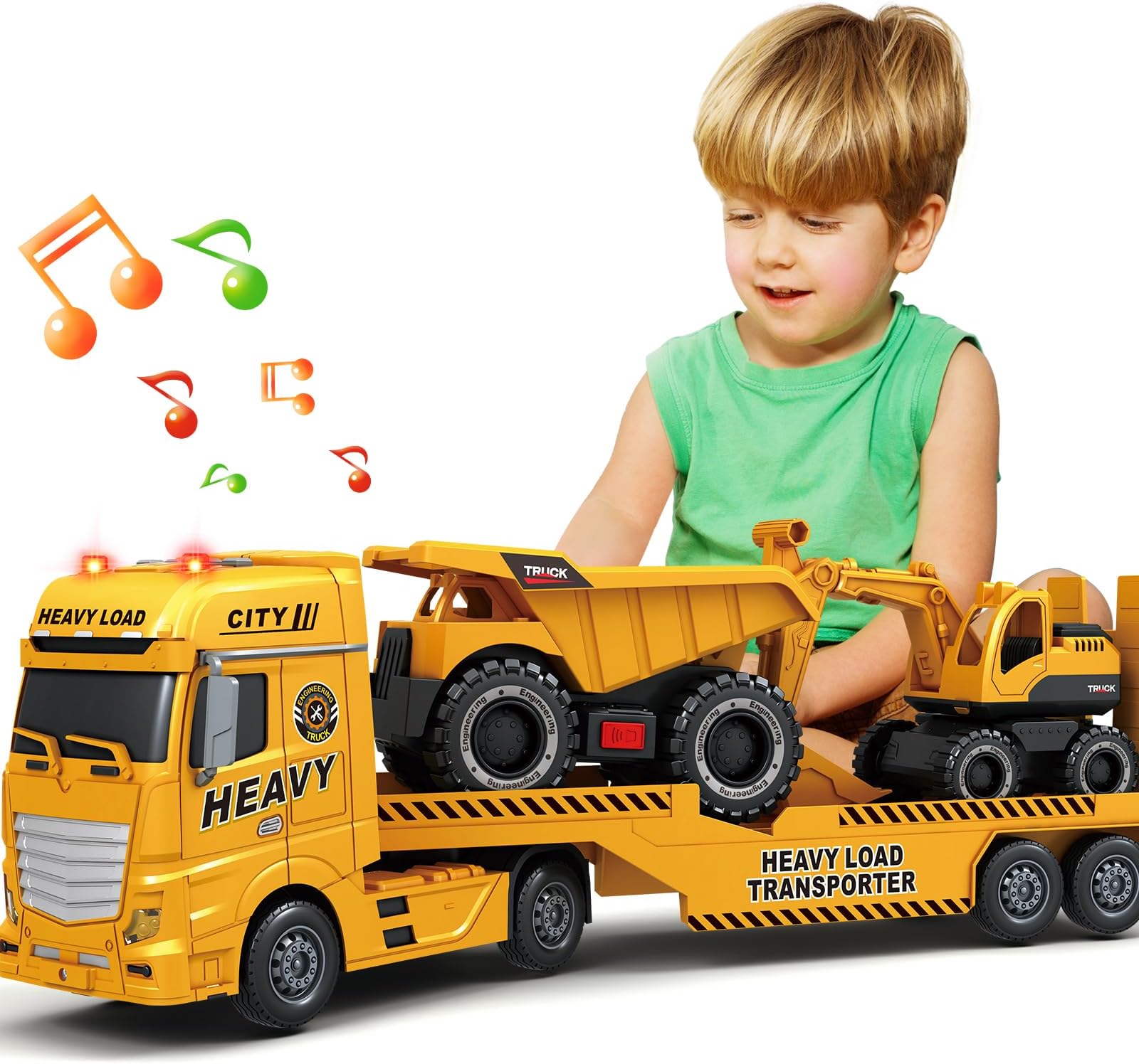Toddler Boy Toys for 3 4 5 6 7 Years Kids, 25" Semi Construction Carrier Truck Toy with Excavator and Dump Truck, Friction Powered Toys with Lights and Sounds, Birthday for Boy Girls