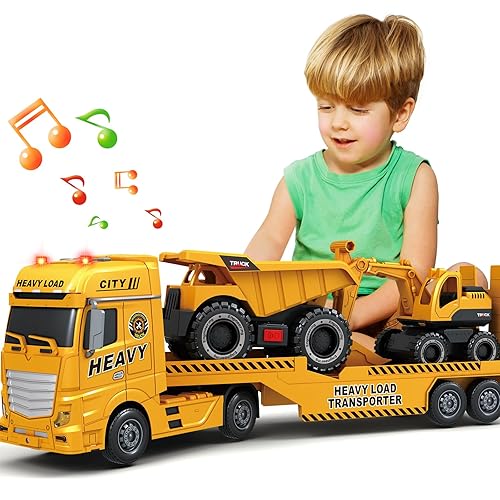SpringFlower 3 4 5 6 Toddler Boy Toys, 25" Construction Carrier Toy with Excavator and Dump Truck,3 in 1 Truck, Christmas Birthday Gifts for Kids 3 4 5 6 Years Old