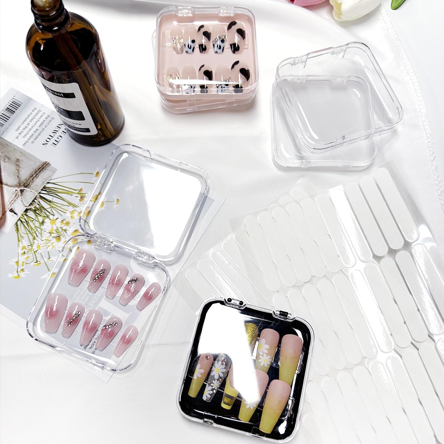12pcs Press on Nail Storage Box with Adhesive Double Sided Tape Clear Acrylic Nail Display Box Artificial False Nail Organizer Box Fake Nail Case Nail Packaging Boxes for Nail Salon