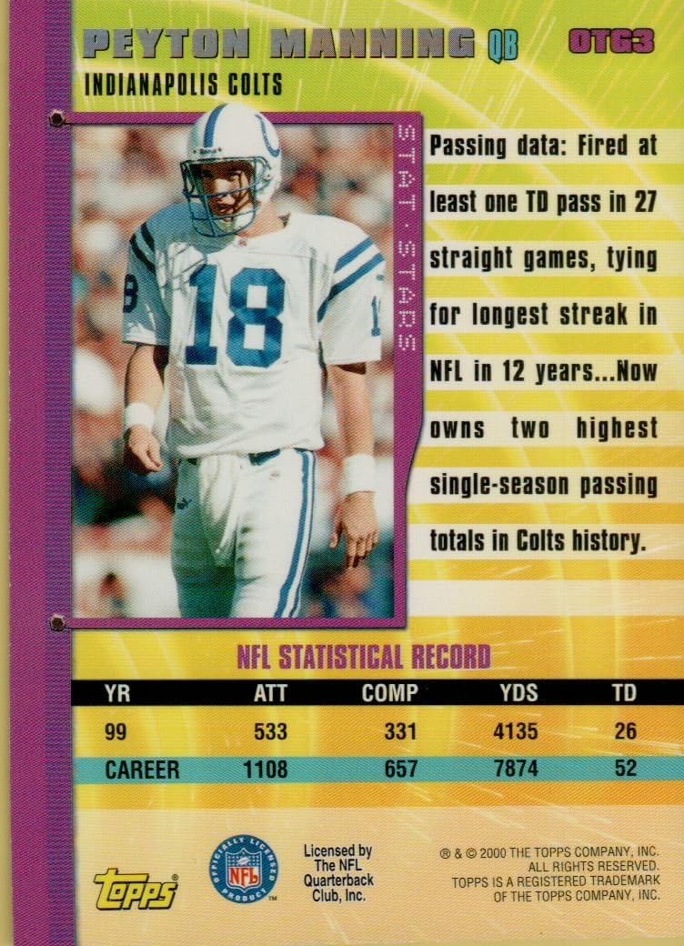 PETON MANNING 2000 TOPPS "OWN THE GAME" HOLOGRAPH FOOTBALL TRADING CARD #OTG3 (INDIANAPOLIS COLTS) FREE SHIPPING