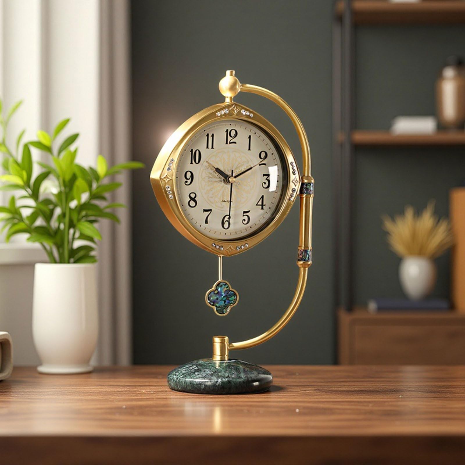 Luxuriöse Kaminuhr aus Messing - Leise Tischuhr mit Marmorsockel & Perlmutt-Inlay, Vintage Mechanisches Uhrwerk, Elegante Wohnkultur für Wohnzimmer