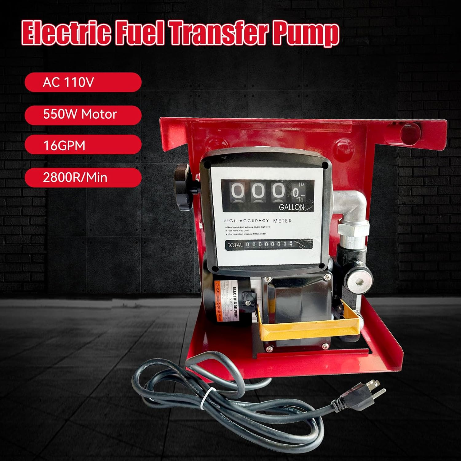 Electric Diesel Transfer Pump Kit - 110V, 550W, 16 GPM Electric Fuel Transfer Pump With Automatic Nozzle, Mechanical Fuel Meter, 13 Feet Dispensing Hose and 6.6 Feet Suction Hose