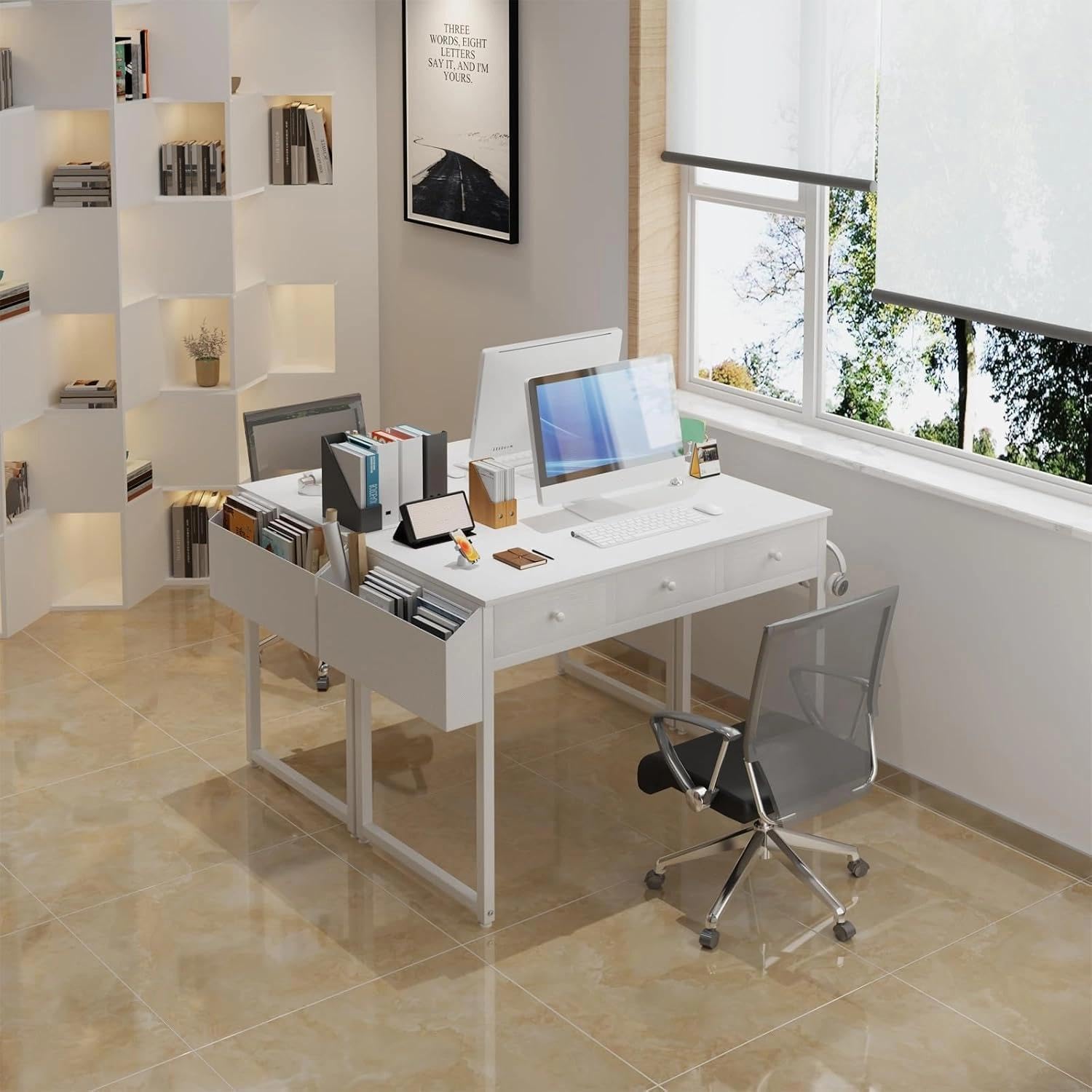Lufeiya Mesa Escritorio con cajones Escritorio Blanco para Oficina Escritorio Pequeño Ordenador casa de Mesa de Estudio para Espacios 100X48cm Blanco