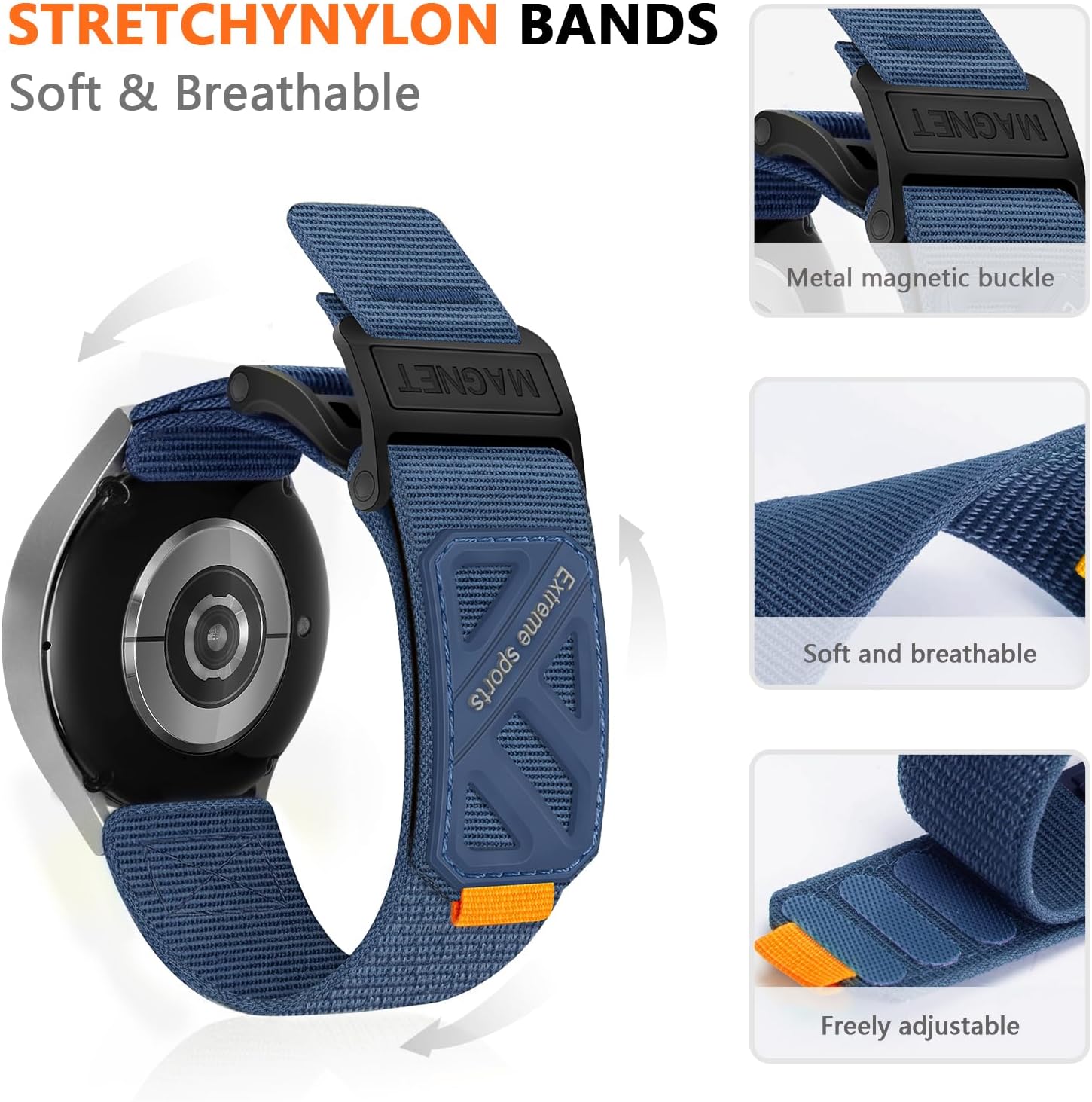 Compatible with Samsung Galaxy Watch 7 6 5 4 FE Band 40mm 44mm/ Watch 6 4 Classic 47mm 43mm 42mm 46mm/5 Pro 45mm/Watch 3 Classic 41mm/Active 2, 20mm Nylon magnetic snap fastener Replacement Sports band for Men