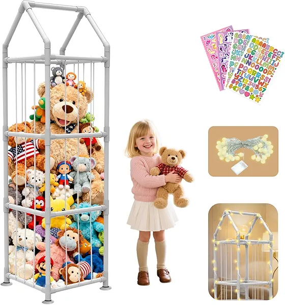 YACONA Stuffed Animal Storage with Suction Cups, Upgraded ABS Stuffed Animal Holder, Toy Storage Organizer with Elastic Bands, Plush Toy Organizer for Nursery, Playroom, Kids Bedroom, White Rope
