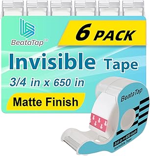 Tape, Invisible Tape for Gift Wrapping, 6 Rolls+6 Refillable Dispensers, Matte Finish, Writable, 3/4″x 650″, Clear Tapes for Christmas Wrapping Paper, Office&School Supplies