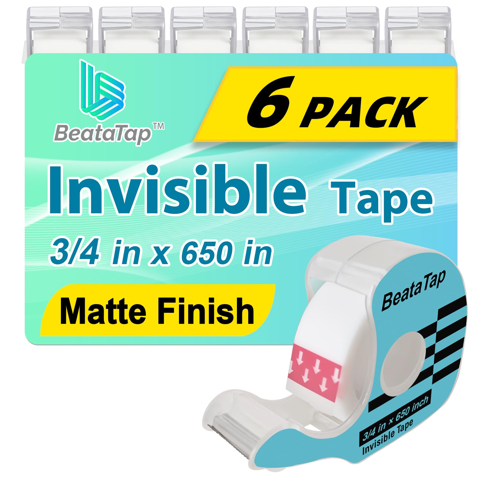 BeataTap Tape, Invisible Tape for Gift Wrapping, 6 Rolls+6 Refillable Dispensers, Matte Finish, Writable, 3/4″x 650″, Clear Tapes for Christmas Wrapping Paper, Office&School Supplies