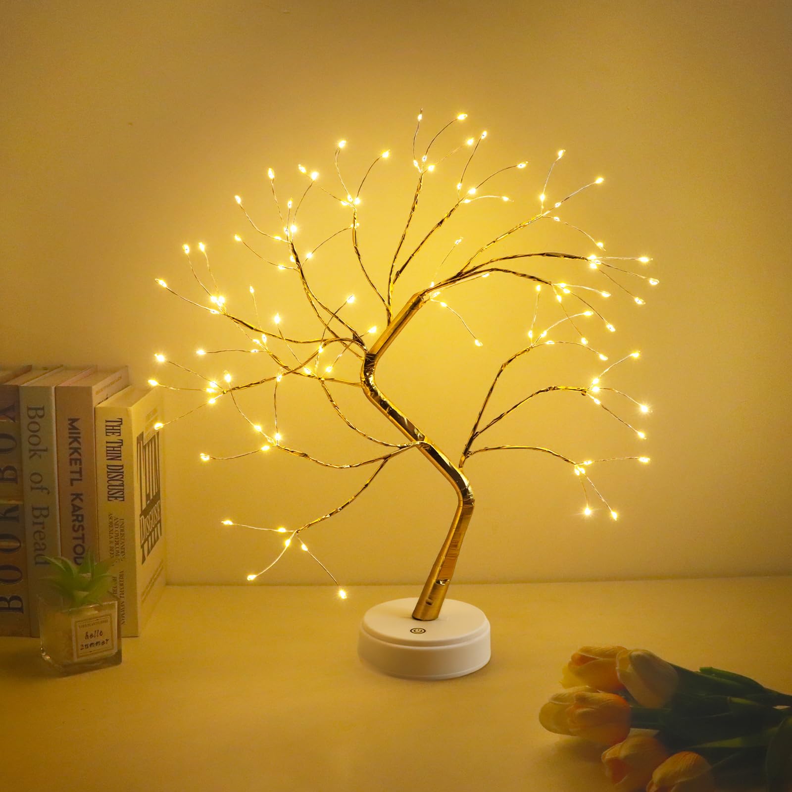 CNMTCCO LED Baum licht, LED Lichterbaum mit 108 LEDs, Baum mit verstellbarem Zweig, Stromversorgung über USB/Akku, warmweißes Licht für Weihnachten, Wohnzimmer, Schlafzimmer, Innendekoration(Gold)
