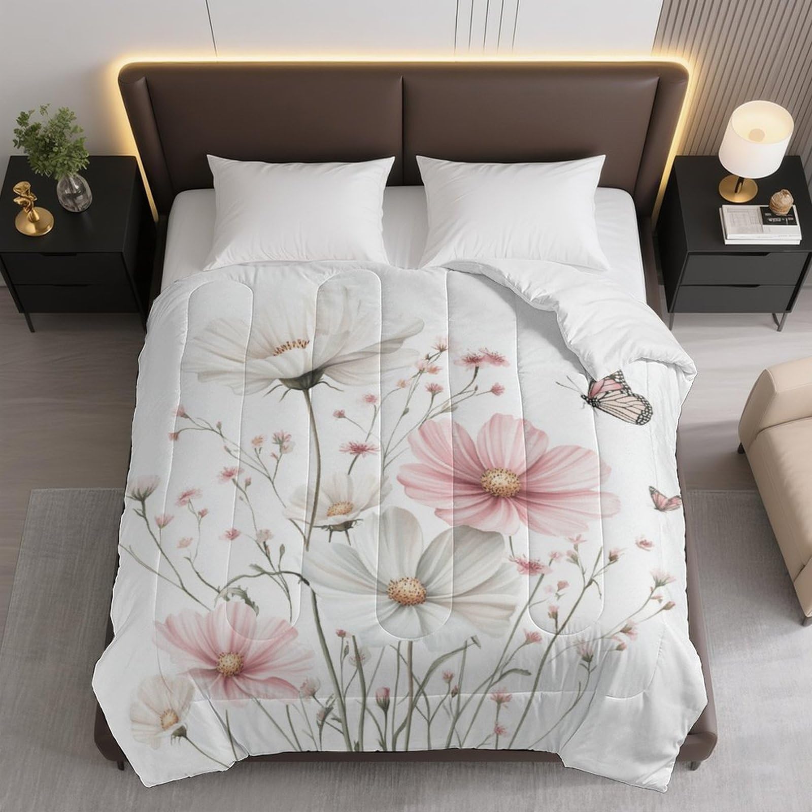 Floral Bouquet with Butterflies Comforter Bedding Heavy Bed Blanket Soft Warm Fluffy All Seasons Only Quilt 203x229cm