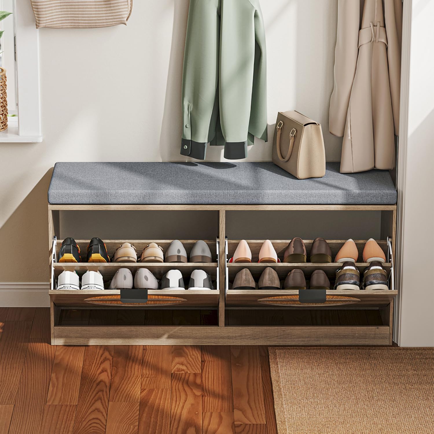 Rattan Storage Bench with Cushion & Coat Rack, Shoe Rack with 2 Flip Drawers, Narrow Shoe Storage Cabinet, Shoe Bench for Entryway, Living Room, Rustic Oak, Round