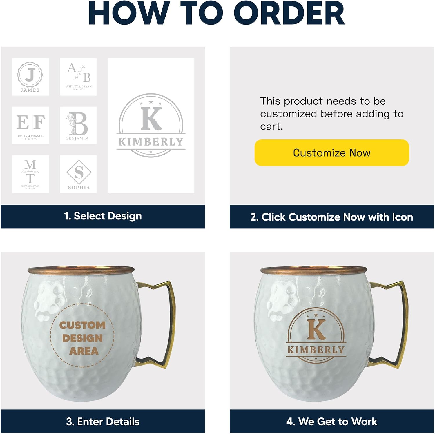Custom 100% Copper Moscow Mule with Hammered Painted Finish - Engraved Bar Style Cup with Groomswomen Monogram Heart Wedding Themed Engraving, Brass Handle | 18 oz, White