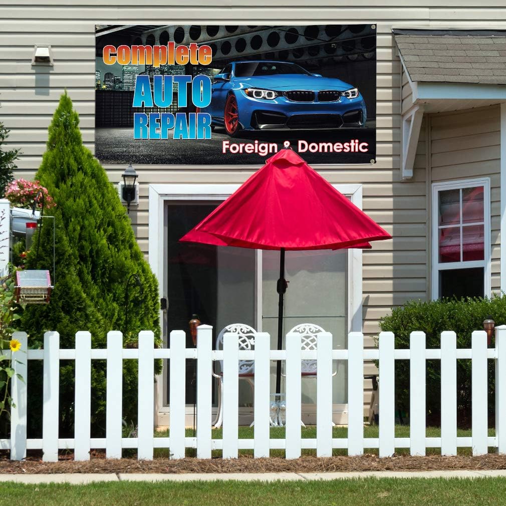 Vinyl Banner Multiple Sizes Complete Auto Repair Foreign Domestic Car Vehicle Automotive Outdoor Weatherproof Industrial Yard Signs Black 6 Grommets 36x72Inches