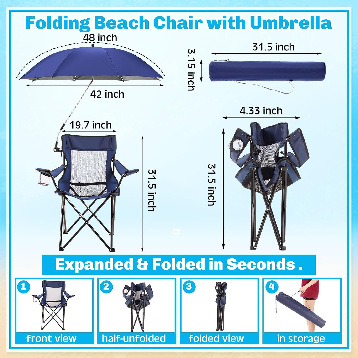 Yuntau 2 Pcs Portable Camping Beach Chair with Adjustable Umbrella and Backpack Foldable Sand Chairs with Mesh Back for Adult Lawn Outdoors Fishing Hiking Travel Picnic Supply
