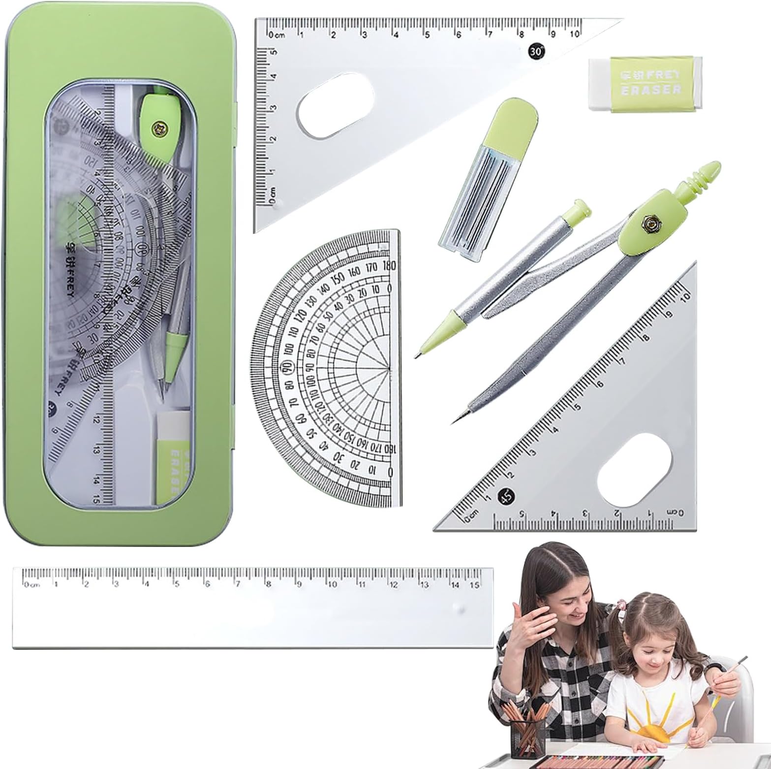 Geometry Set, Compass and Protractor Ruler,Set Mathematics for Students Box Kit Protector School Supplies Class, Drawing