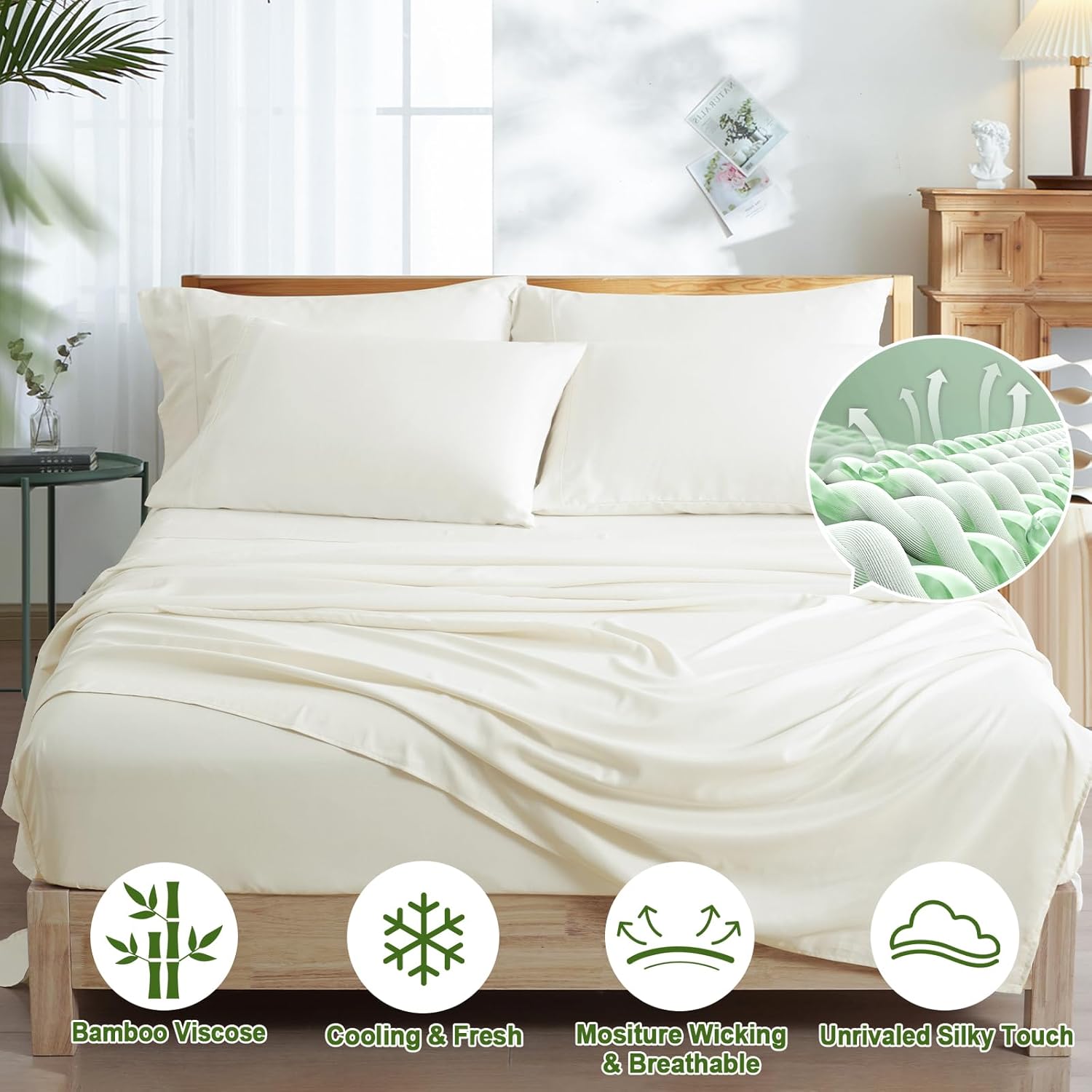PHF Cooling Sheets Set King Size, Rayon Derived from Bamboo & Polyester, 6PCS Breathable & Wrinkle Free Silky Soft Bedding Sheets, Wider Elastic Band, 16" Deep Pocket Bedding Set & Pillowcase, Cream - Image 2