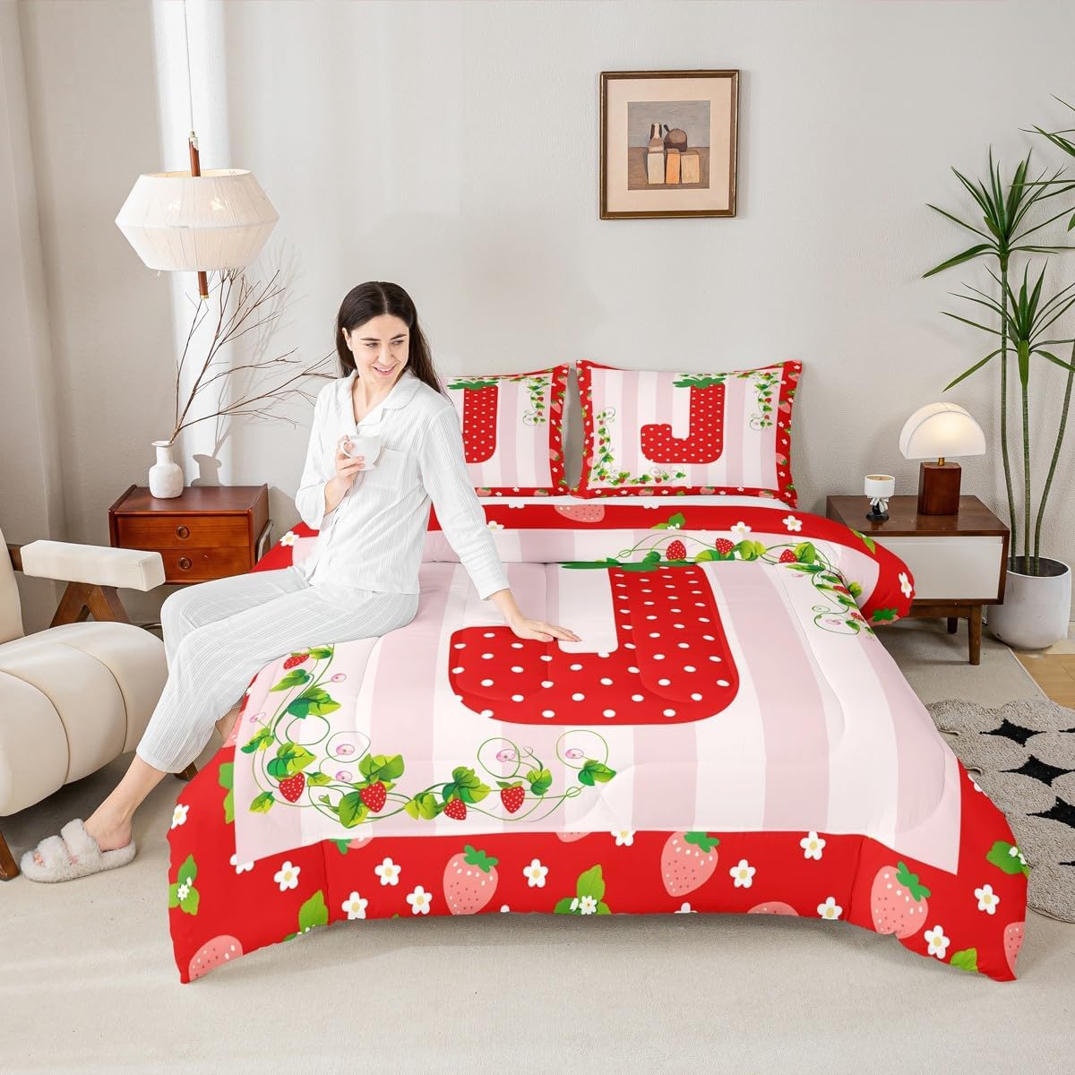 Feelyou Strawberry Comforter Set Twin Size Initial J Bedding Set Gifts for Women Teen Girl,Duvet Quilt Personalized Letter J Bedroom Decor Strawberry Themed Microfiber 2 Pcs with 1 Pillow Cases