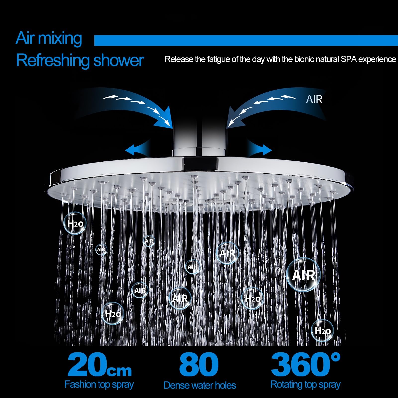 Sistema Ducha con desviador (Ducha Mural Cuadrada 20 cm con 2 chorros y teleducha), tecnología Water Saving (Menos Consumo de Agua), Cromo