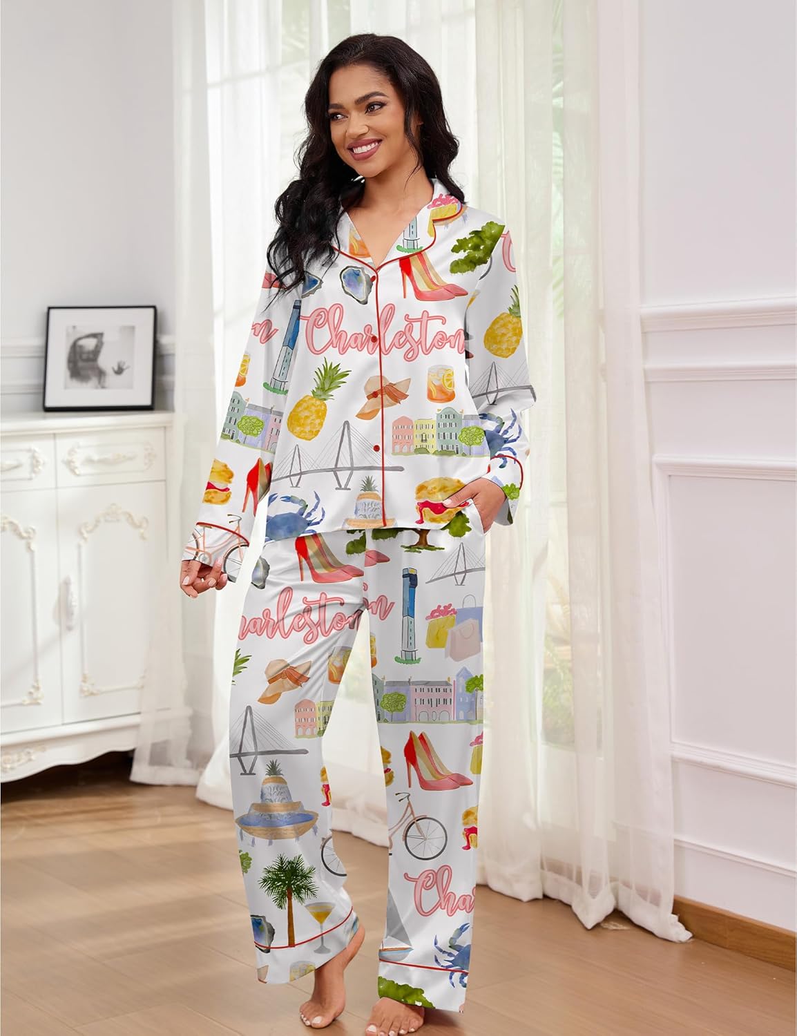 SHESHOW Womens Pajama Sets Long Sleeve Button Down Silky Pjs Travel Print Satin Pajama Set for Women 2 Piece - Image 6