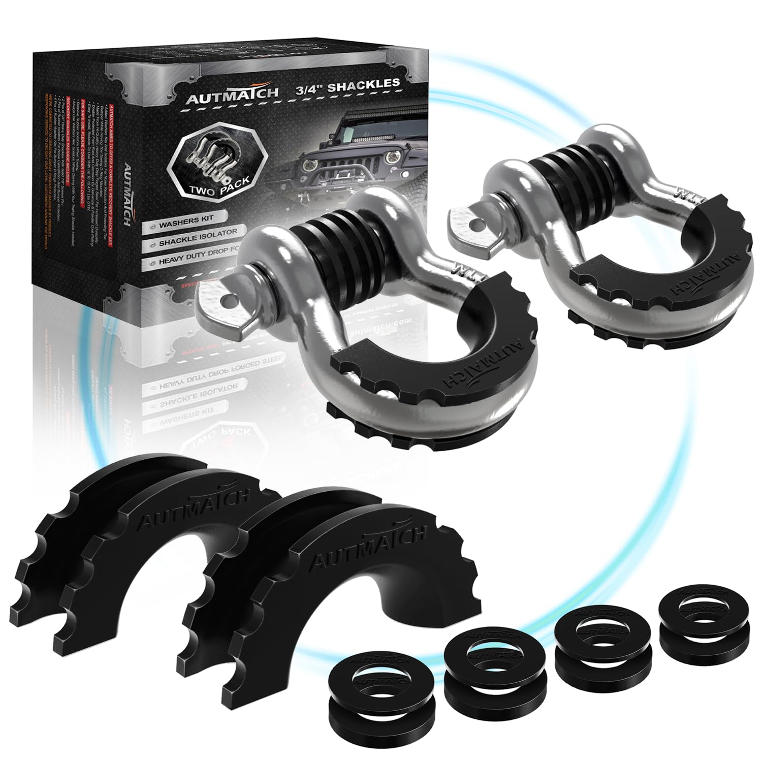 AUTMATCH 3/4" D-Ring Shackles (2 Pack) 41,887Ibs Break Strength with 7/8" Screw Pin and Shackle Isolator Washers Kit for Tow Strap Truck Off Road Vehicle Recovery, Silver