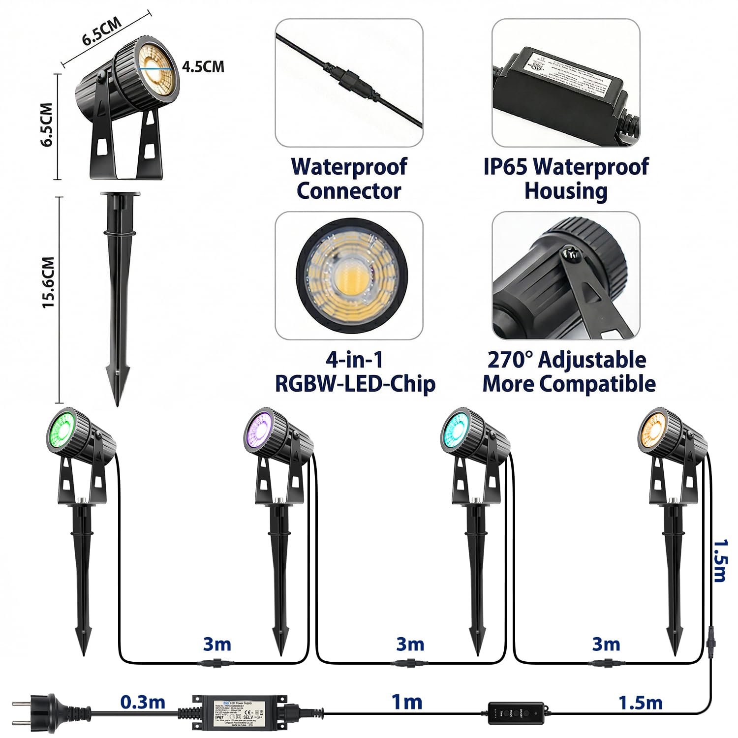 4er Gartenleuchte LED 24V 12W Gartenstrahler RGBW mit Bluetooth APP Timer, LED Gartenbeleuchtung RGB+Warmweiß mit Erdspieß mit Fernbedienung IP65 Wasserdicht für Außen Garten Rasen
