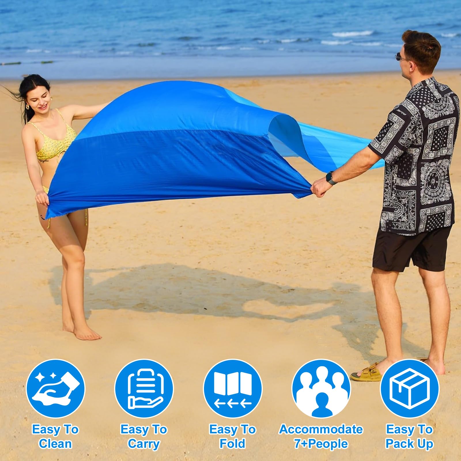 Stranddecke Sandfrei, Super Groß 220x210 cm Wasserdicht Sanddicht Weiches Strandmatte, Tragbarkeit Strandtuch mit Aufbewahrungstasche, für Strand, Camping, Picknick, Wandern