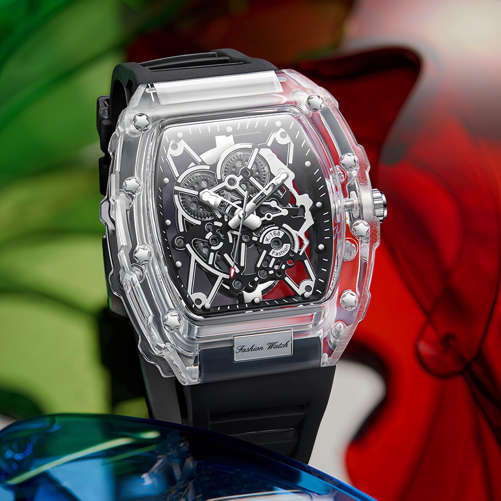 Gosasa Tonneau - Reloj de pulsera para hombre con pantalla analógica transparente, correa de silicona, calendario, cuarzo, impermeable, tendencia masculina