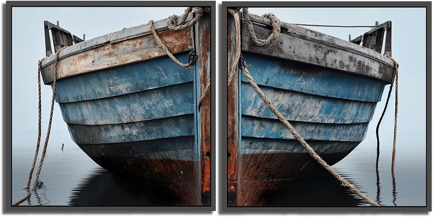 Nautical Boat Wall Art Decor, Rustic Boat Wall Art Abstract Ocean Artwork Coastal Picture, Contemporary Rustic Coastal Pictures Artwork for Farmhouse Living Room Bedroom Bathroom Decor Unframed