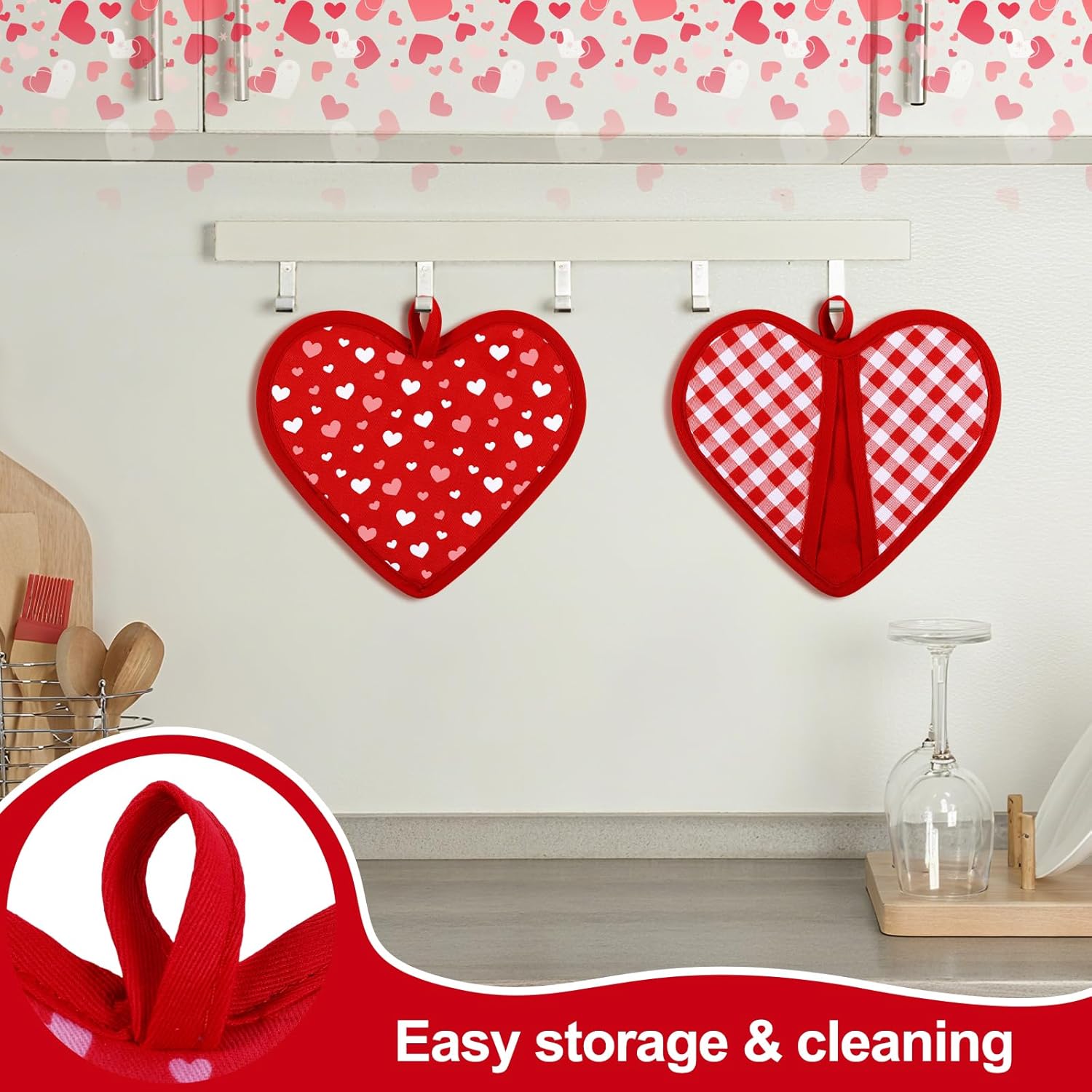2 Pack Valentines Day Decor Love Check Gingham Heart Shaped Pot Holders for Kitchen Heat-Resistant Fabric Hot Pads with Hanging Loops for Cooking Baking Grilling Supply