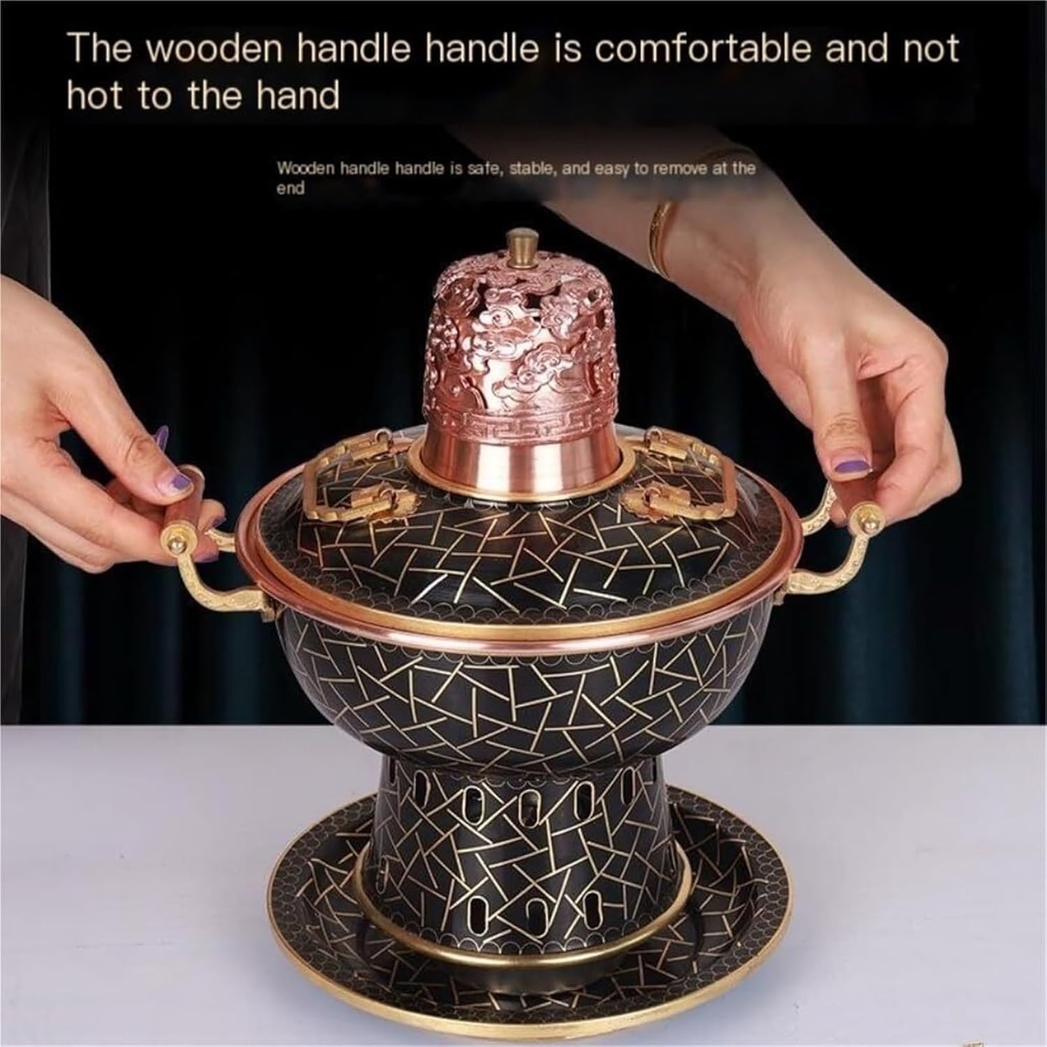 Chinese Hot Pot Chafing Dish Copper Single Stove Hot Pot Household Pure Copper Filigree Hot Pot Durable Cookware Hot Pot (Black-22cm