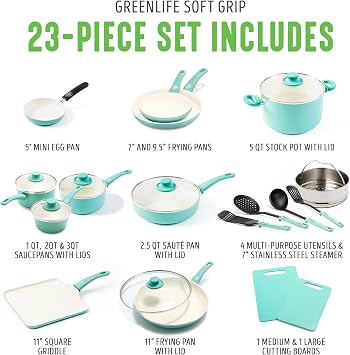 GreenLife Soft Grip 23 Piece Kitchen Cookware Pots and Frying Saucepans Set, Healthy Ceramic Nonstick PFAS and PFOA-Free, Dishwasher and Oven Safe, Even Heating, Easy Clean, Warp Control, Turquoise