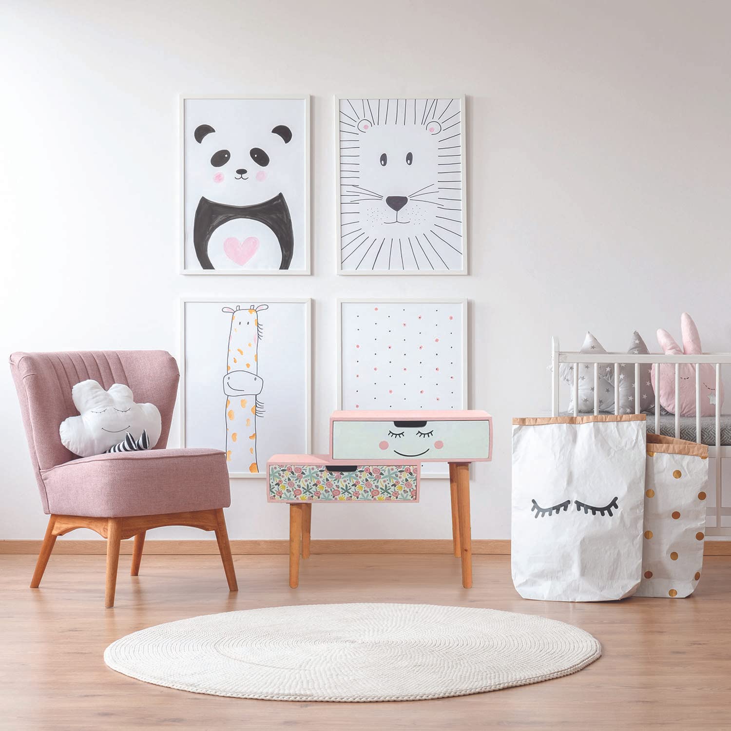 HOME DECO KIDS Chevet Liberty Bambino Camera Arredo Mobile, PIN, Legno-Rosa-Bianco-Nero-Verde, 55x22x50,08