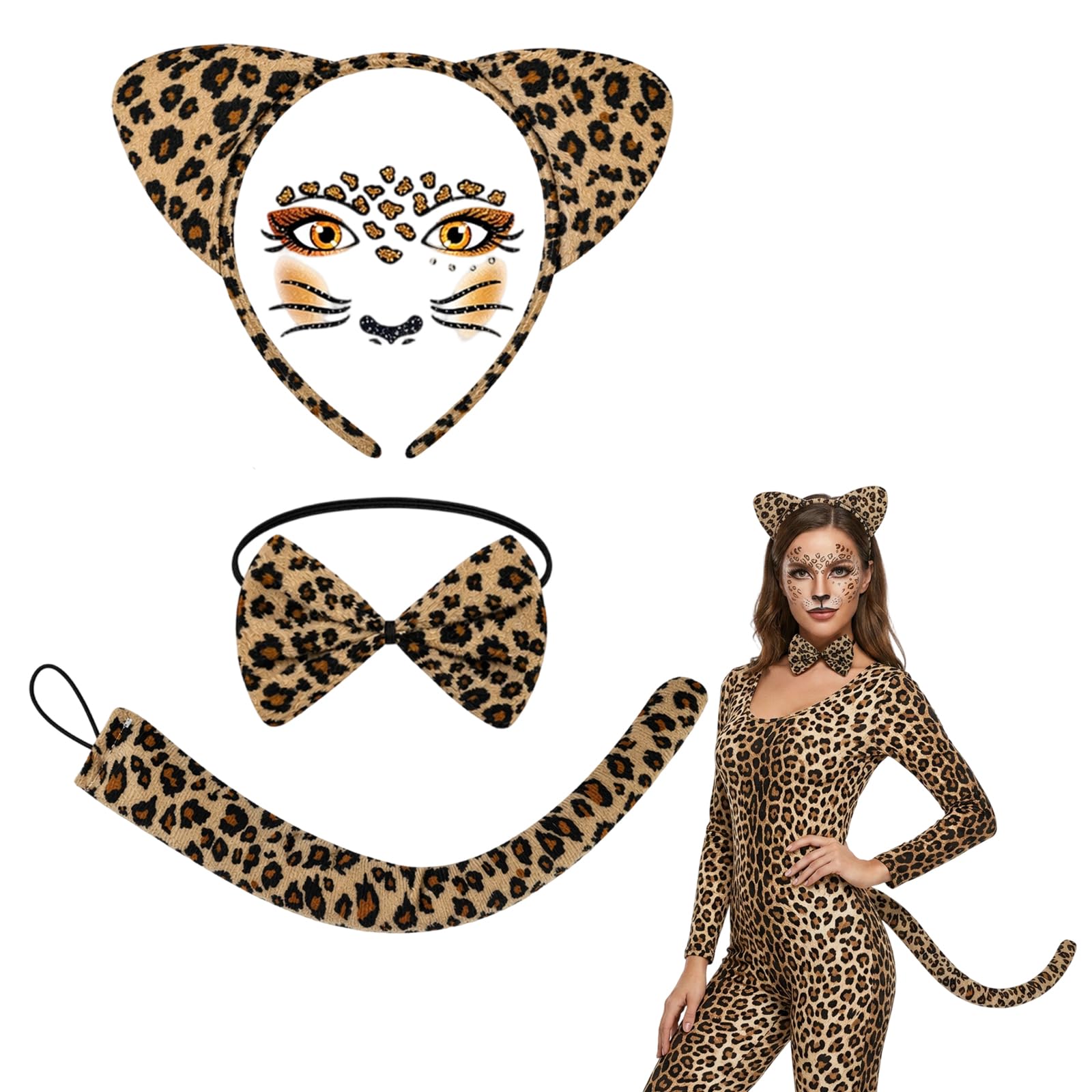 4pcs Leopard Costume, Cheetah Costume Accessories Set, Leopard Print Cat Ears Headband, Sticker, Bow Tie And Tail, For Themed Parties, Halloween Costume Events, Cosplay Conventions, Carnival Celebrati
