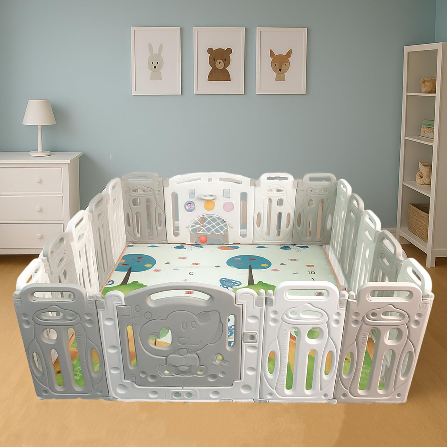 Hukimoyo 16 Panel Playpen for Babies Upto 5 year Baby Play Area Indoor Setup For Baby Kids Play Yard Playpen Baby with Balls and Mat, Basket Ball Baby Play yard Playpen Baby Fence Upto 5 Yrs kids (4.6x 5.1ft=24sqft)